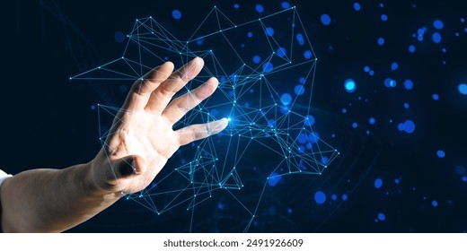 Hand interacting with virtual network connections on a dark blue background, illustrating the concept of technology and connectivity
