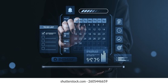 Hand interacting with a virtual task management interface displaying calendar, checklist, and analytics on a dark background, symbolizing productivity and planning
