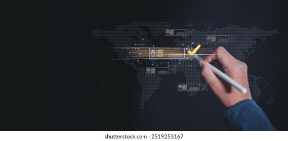 A hand interacting with a world map display, highlighting data insights and connections using a digital pen.