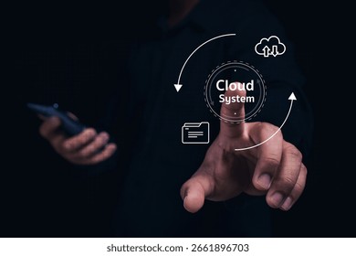 A hand interacts with a digital cloud system interface, showcasing technology and connectivity in a dark setting.