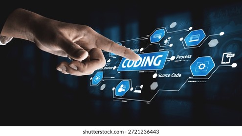 A hand interacts with a digital display featuring coding concepts and icons. This image encapsulates modern technology, programming, and user interface design. Tessel