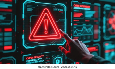 A hand interacts with a digital display, highlighting a cyber security alert with a glowing red triangle.