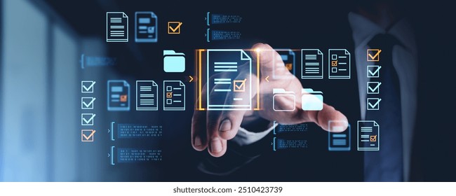 A hand interacts with a digital document management interface, featuring transparent icons on a dark background, illustrating data organization and digital workflow concepts