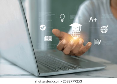 A hand interacts with a digital education interface, with icons representing learning, knowledge, and academic excellence.