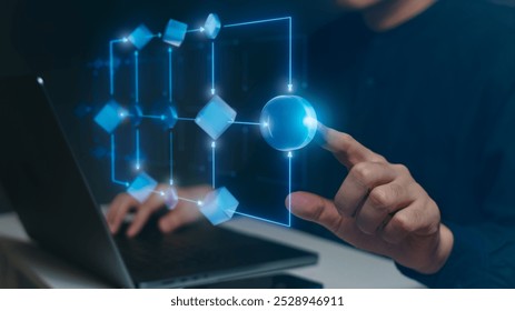 A hand interacts with a digital flowchart, displaying interconnected nodes and pathways, symbolizing data processing, workflow, and decision-making.