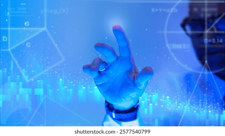A hand interacts with digital graphs, highlighting technology. The hand gestures towards technology, emphasizing digital innovation and data graphs. Digital touch screen, futuristic technology.