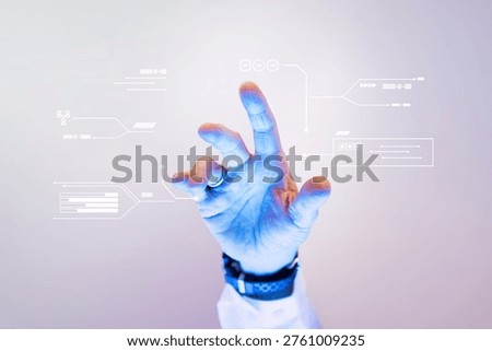 A hand interacts with digital holographic interfaces, showcasing futuristic technology. The background is a gradient of soft blue and purple hues.