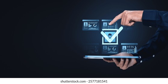 A hand interacts with a digital identity verification interface, showcasing profiles and data on a dark background. Concept of secure KYC processes