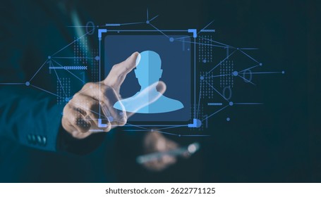 A hand interacts with a digital interface displaying a virtual user profile icon, symbolizing identity and technology.