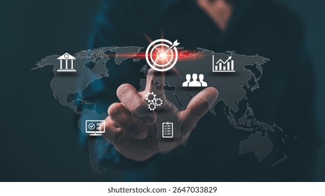 A hand interacts with a digital interface displaying global business icons over a world map, highlighting target achievement and data analytics.