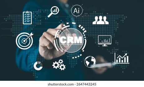 A hand interacts with a digital interface displaying CRM and business analytics icons on a futuristic global network background.