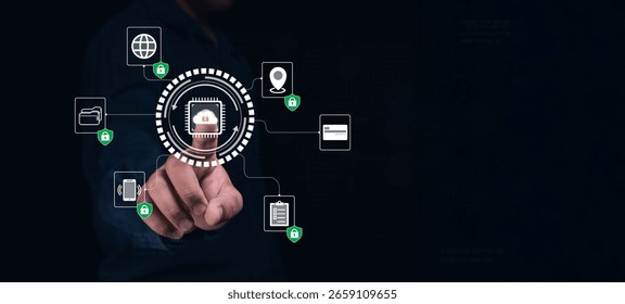 A hand interacts with a digital interface displaying secure icons related to data protection and online security.