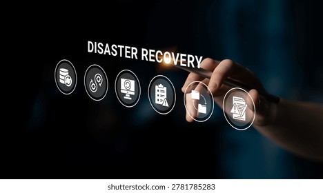 A hand interacts with a digital interface displaying icons related to disaster recovery. This image represents critical processes in data management and organizational resilience. Ledger