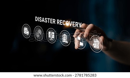 A hand interacts with a digital interface displaying icons related to disaster recovery. This image represents critical processes in data management and organizational resilience. Ledger