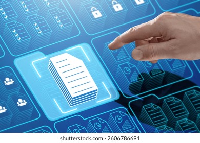 A hand interacts with a digital interface featuring document icons and data storage elements. Concept of business compliance, secure file storage, and digital document management