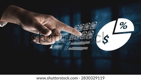 A hand interacts with a digital interface showcasing financial icons and graphs, symbolizing business growth, investment analysis, and advanced technology in modern finance. Ledger