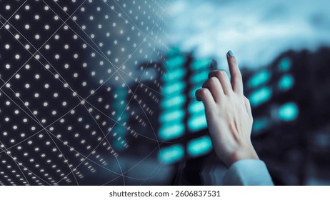Hand interacts with a digital interface, touching a futuristic screen. Digital interface. Technology and innovation theme. Innovative technology, high-tech futuristic technology concept.