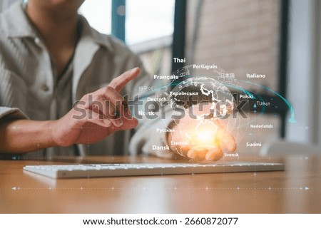 Hand interacts with digital world map showcasing multilingual translation and global communication technology, symbolizing innovation, AI, and international language accessibility