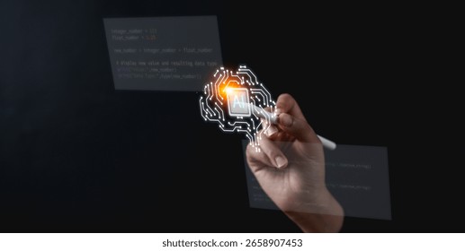 A hand interacts with a floating AI interface, highlighting digital circuits and programming code on a dark background.