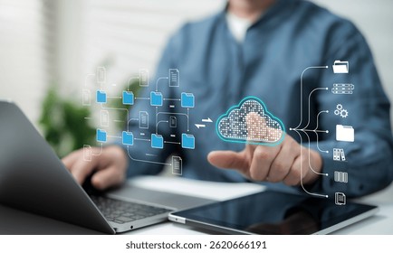 Hand interacts with a futuristic cloud computing interface showing data transfer and file organization system