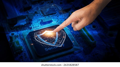A hand interacts with a futuristic cybersecurity interface on a circuit board, symbolizing protection and data security in a technological age.