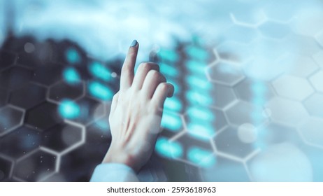 A hand interacts with a futuristic digital interface, featuring hexagonal patterns and glowing elements. The scene conveys technology and innovation. Business and technology image. - Powered by Shutterstock - Get 15% off with code: PIKWIZARD15