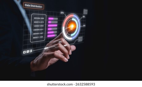 A hand interacts with a futuristic digital interface displaying data charts and analytics on a transparent screen.