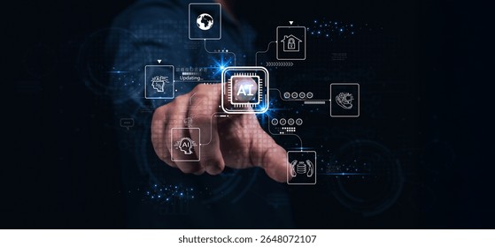A hand interacts with a futuristic digital interface displaying AI and technology-related icons and data in a high-tech virtual environment.