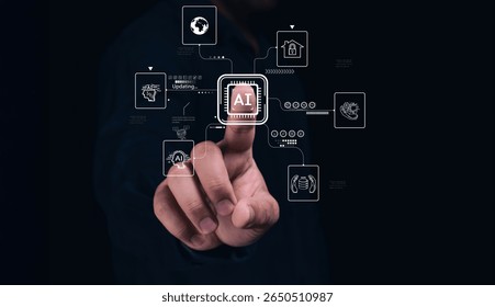 A hand interacts with a futuristic digital interface highlighting AI and connected technology icons on a dark background.