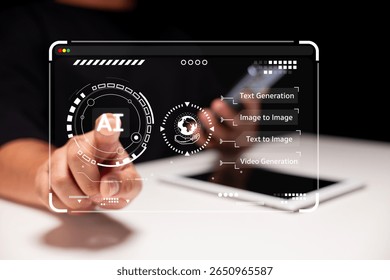 A hand interacts with a futuristic digital interface displaying AI-driven content creation options like text, image, and video generation.