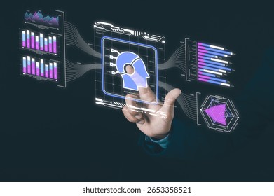 A hand interacts with futuristic digital interface displaying graphs, charts, and a brain icon, symbolizing technology and data analysis.