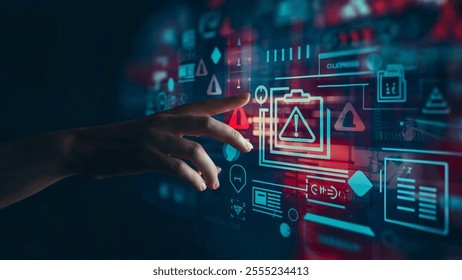 A hand interacts with a futuristic digital security interface displaying several alerts and warnings. The image conveys concept, technology, cybersecurity, and data protection in a digital environment