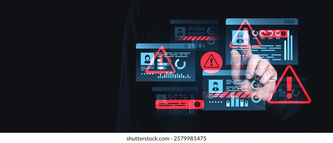 A hand interacts with a futuristic interface displaying warning icons, personal ID details, and security alerts on a dark background. Concept of cybersecurity - Powered by Shutterstock - Get 15% off with code: PIKWIZARD15