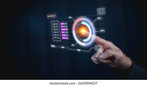 A hand interacts with a futuristic transparent digital interface displaying graphs and data visualizations against a dark background.