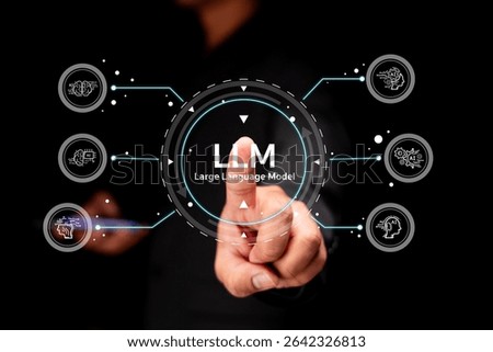 A hand interacts with a futuristic virtual interface displaying "LLM Large Language Model" and neural network icons on a black background.