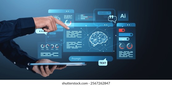 A hand interacts with a holographic AI interface, displaying data, brain graphics, charts, and prompts on a dark background, symbolizing tech