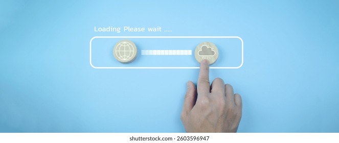 A hand interacts with a loading screen displaying global and cloud icons, indicating a digital process in progress.