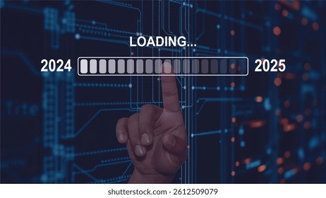 A hand interacts with a loading screen transitioning from 2024 to 2025.