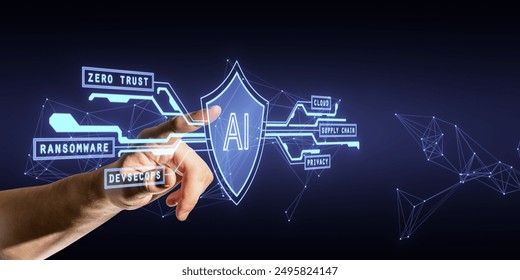 A hand interacts with neon-outlined AI cybersecurity icons against a dark background, depicting concepts of ransomware, zero trust, cloud, privacy, and more