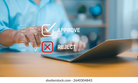 A person’s hand interacts with an online document interface showing Approve and Reject icons. Ideal for concepts of digital approval, workflow efficiency, decision-making, and paperless processing.