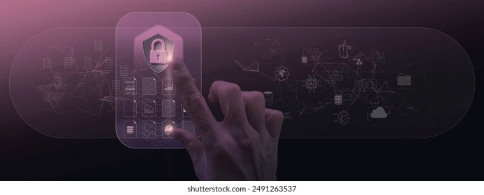 A hand interacts with a virtual interface, highlighting a cybersecurity lock icon. The futuristic display showcases various digital elements, emphasizing security, data protection, technology