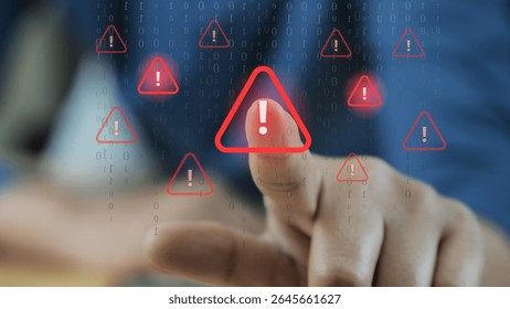  hand interacts with a virtual screen filled with red warning icons, symbolizing system hacking, cybersecurity threats, malware attacks, and digital security breaches in a high-risk tech environment.
