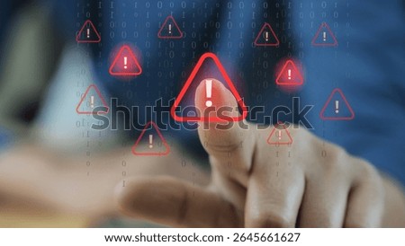  hand interacts with a virtual screen filled with red warning icons, symbolizing system hacking, cybersecurity threats, malware attacks, and digital security breaches in a high-risk tech environment.