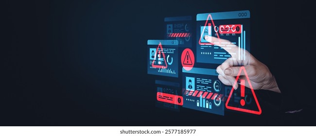 A hand interacts with virtual screens displaying warning icons and personal data alerts, on a dark background. Concept of internet security