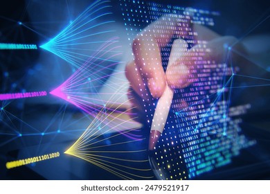 A hand interacts with a visual interface of data and holographic shapes on a dark blue background, portraying a concept of technology