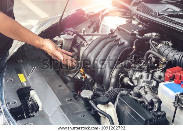 Mechanic’s hand introduces customer how to checking\
level motor oil in a car. A man checking car engine before driving\
in open hood