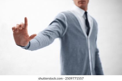 Hand, invisible screen and person for virtual planning, UX and future technology for business app. UI, software and corporate strategy, press or click with scroll on touchscreen on white background - Powered by Shutterstock