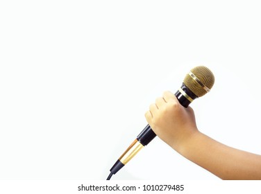 Hand Kid Holding Microphone On White Background.