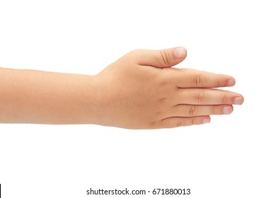 Hand Of Kids Hand Gesture Of Greeting. Isolated On White Background