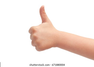 Hand Of Kids Hand Gesture Of Thumbs Up. Isolated On White Background